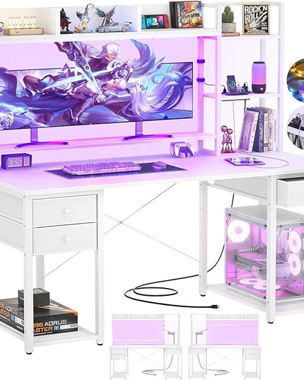 Aheaplus Desk with LED and Outlets, Gaming Desk with Hutch, 55.2'' Computer Desk with Drawers, Reversible Office Desk with Storage Bookshelf Large Workstation Desk with Shelf, Desk for Home, White - LeafyLoom