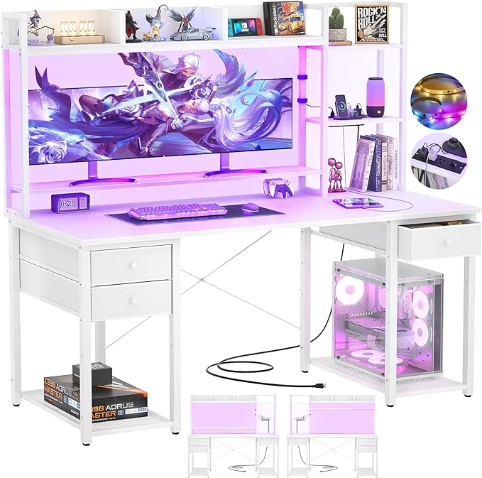 Aheaplus Desk with LED and Outlets, Gaming Desk with Hutch, 55.2'' Computer Desk with Drawers, Reversible Office Desk with Storage Bookshelf Large Workstation Desk with Shelf, Desk for Home, White - LeafyLoom