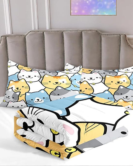 Kids Cat Comforter Set - Cat Comforter - Queen Size Comforter Set for Kids Kawaii Cat Bedding Set Cartoon Cats Print Bedding Sets for Girls Kids Cute Cat Quilt Sets with 2 Pillowcases - LeafyLoom