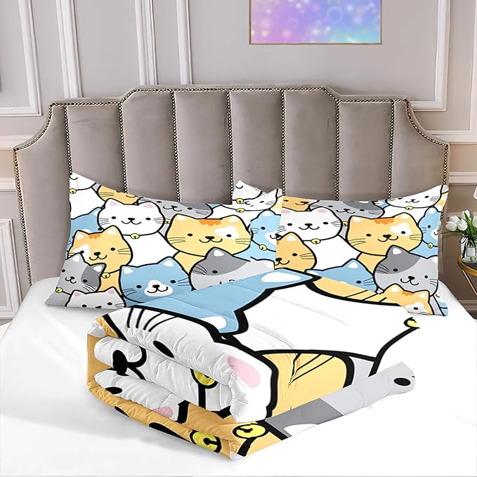 Cat Comforter Set - Cute Cat Comforter - Full Size Comforter Set for Kids Kawaii Cat Bedding Set Cartoon Cat Print Bedding Sets for Girls Room Kids Cat Quilt Sets with 2 Pillowcases - LeafyLoom