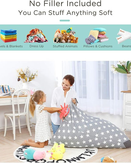 Aubliss Stuffed Animal Storage Bean Bag Chairs Cover, 50"x 35" Extra Large Bean Bags Chair for Kids & Adults, Beanbag Toy Storage for Boys Girls - Premium Cotton Canvas Grey Star - LeafyLoom