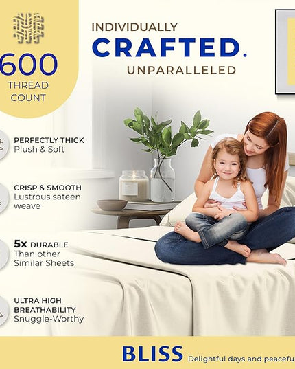 THREAD SPREAD 100% Egyptian Cotton Split King Sheets Sets for Adjustable Bed - 600 Thread Count 5 PC Top Split King Sheets, 16" Deep Pocket Soft Cooling Sheets for Split King Adjustable Bed - Ivory - LeafyLoom