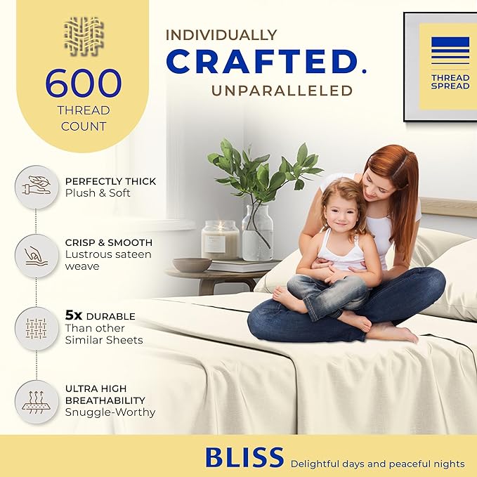 THREAD SPREAD 100% Egyptian Cotton Split King Sheets Sets for Adjustable Bed - 600 Thread Count 5 PC Top Split King Sheets, 16" Deep Pocket Soft Cooling Sheets for Split King Adjustable Bed - Ivory - LeafyLoom