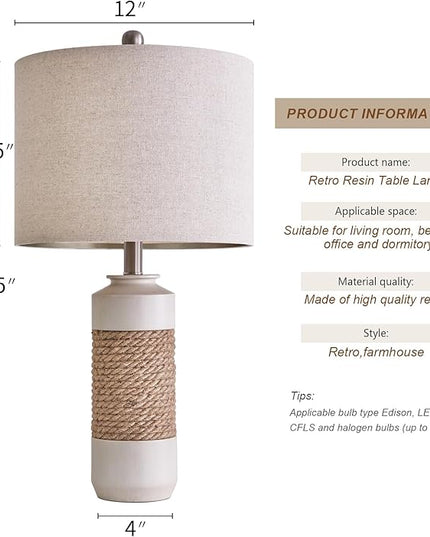 OYEARS 23.75" Bedside Table Lamps Set of 2 for Sleeping and Reading, Vintage Farmhouse Rattan Table Lamp Antique White Resin Lamp for Decoration, Office Living Room Bedside Table - LeafyLoom