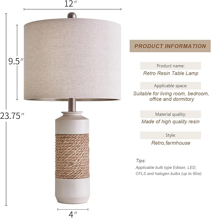 OYEARS 23.75" Bedside Table Lamps Set of 2 for Sleeping and Reading, Vintage Farmhouse Rattan Table Lamp Antique White Resin Lamp for Decoration, Office Living Room Bedside Table - LeafyLoom