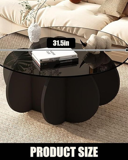 Black Coffee Table, 31.5" Round Glass Coffee Table for Living Room Mid Century Modern Coffee Table Unique Center Table with Wood Base Circle Coffee Ta - LeafyLoom