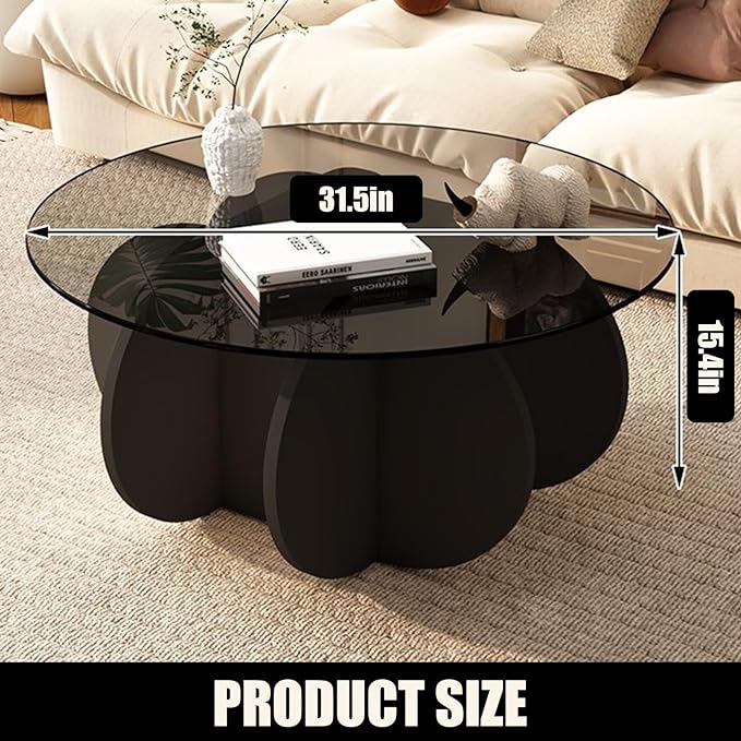 Black Coffee Table, 31.5" Round Glass Coffee Table for Living Room Mid Century Modern Coffee Table Unique Center Table with Wood Base Circle Coffee Ta - LeafyLoom
