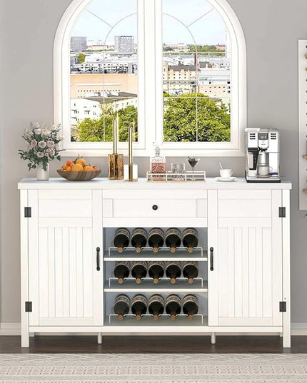 FATORRI Buffet Cabinet with Storage, Wood Sideboard Buffet Cabinet with Wine Rack, Modern Credenza Coffee Bar Cabinet for Kitchen Living Room (55.12 Inch, White Oak) - LeafyLoom