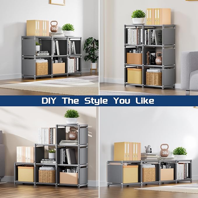 Mavivegue Book Shelf, 6 Cube Storage Organizer, DIY Bookcase, Metal Cube Bookshelf,Tall Book case for Bedroom, Living Room,Office,Closet Storage Organizer, Grey Cubicle Storage Rack - LeafyLoom