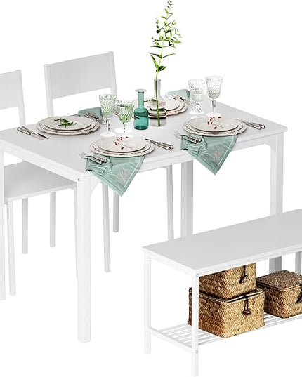 SogesHome 43.3'' Kitchen Dining Table Set for 4, 4 Piece Kitchen Table Bench Chairs Setfor 4, Space-Saving Table Set for Restaurant, Coffee Shop,White - LeafyLoom
