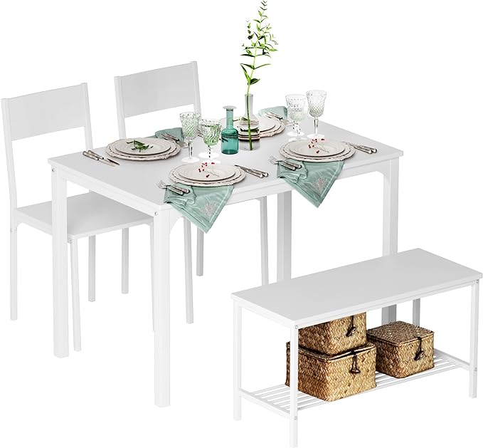 SogesHome 43.3'' Kitchen Dining Table Set for 4, 4 Piece Kitchen Table Bench Chairs Setfor 4, Space-Saving Table Set for Restaurant, Coffee Shop,White - LeafyLoom