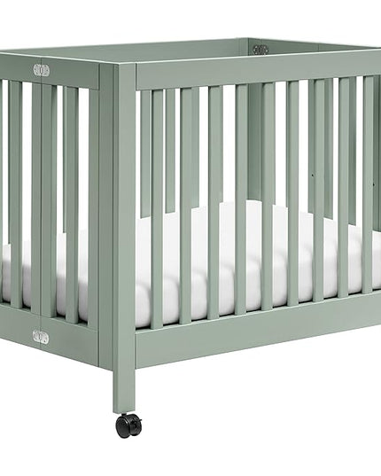 Babyletto Origami Mini Portable Crib Folding with Wheels in Light Sage, 2 Adjustable Mattress Positions, Greenguard Gold Certified - LeafyLoom