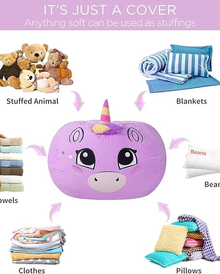 Aubliss Stuffed Animal Storage, Velvet Bean Bag Chairs Cover, Large 32" Ultra Soft Kids Toy Storage Organizer for Blankets Towels Clothes Home Supplies, Purple Big Eyes - LeafyLoom