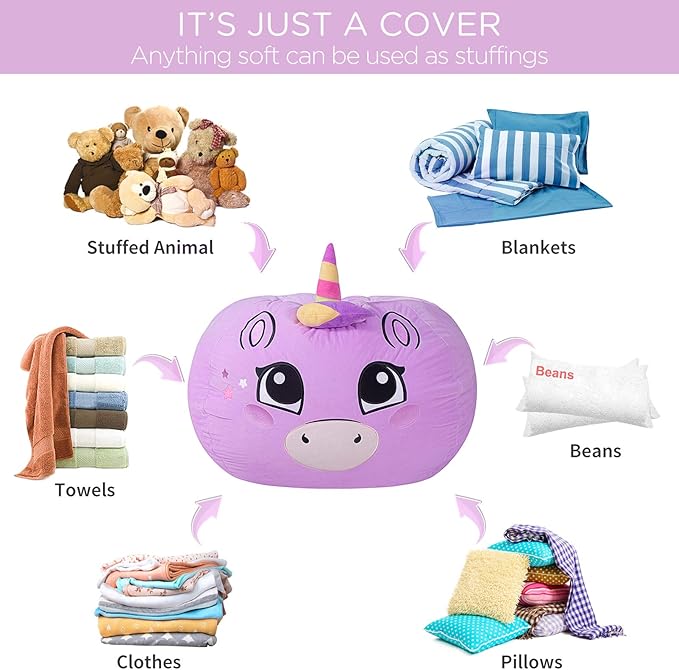 Aubliss Stuffed Animal Storage, Velvet Bean Bag Chairs Cover, Large 32" Ultra Soft Kids Toy Storage Organizer for Blankets Towels Clothes Home Supplies, Purple Big Eyes - LeafyLoom