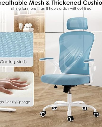 Farini Ergonomic Office Chair, Home Office Desk Chair with Headrest, High Back Computer Chair with Flip-up Armrests and Adjustable Lumbar Support for Home Office Study Room (with Headrest, Blue) - LeafyLoom