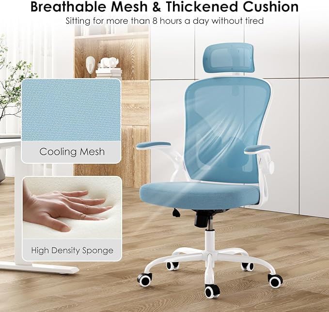 Farini Ergonomic Office Chair, Home Office Desk Chair with Headrest, High Back Computer Chair with Flip-up Armrests and Adjustable Lumbar Support for Home Office Study Room (with Headrest, Blue) - LeafyLoom