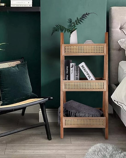 ZYBT Ladder Bookshelf, 3-Tier Rattan Bookshelf, Free Standing Bookcase, Blanket Ladder, Wood Organizer Storage Shelves for Living Room Bedroom Kitchen Bathroom Balcony and Home Office - LeafyLoom