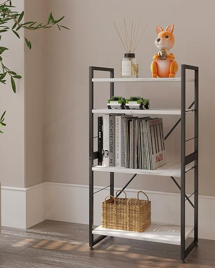 4 Tiers Bookshelf Adjustable White Faux Marble Organizer, Modern Small Bookcase for Small Space,Industrial Wooden Storage Display Rack and Storage Organizer for Living Room Home Office - LeafyLoom