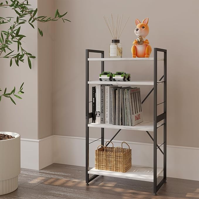 4 Tiers Bookshelf Adjustable White Faux Marble Organizer, Modern Small Bookcase for Small Space,Industrial Wooden Storage Display Rack and Storage Organizer for Living Room Home Office - LeafyLoom