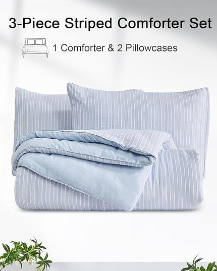 ENCOFT Light Blue Comforters King Size, 3 Piece White and Blue Striped Comforter Set, Soft Microfiber Lightweight Boho Comforter Bedding Set for All Seasons, with 2 Pillowcases, 104x90 Inches - LeafyLoom