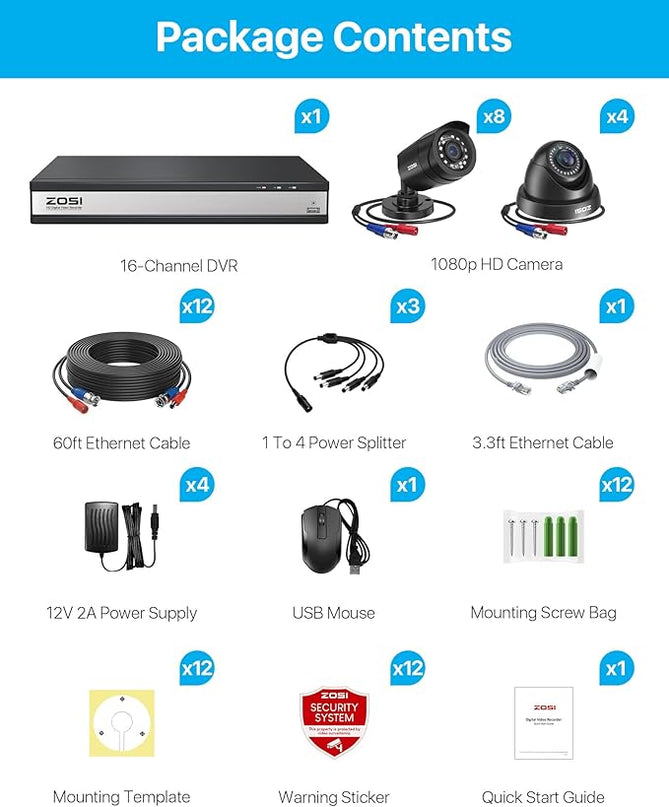 ZOSI 16CH 3K Lite Security Camera System with 2TB HDD,AI Human/Vehicle Detection,Night Vision,Remote Access,H.265+ 16 Channel 5MP Lite HD-TVI DVR with 12PCS 1080P Outdoor Indoor Surveillance Cameras ZOSI