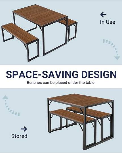 Allewie 3-Piece Kitchen Dining Table Sets with Benches, Sturdy Triangle Structure, Space-Saving, Multifunctional for Dining Room/Living Room/Studio, Dark Brown & Black - LeafyLoom