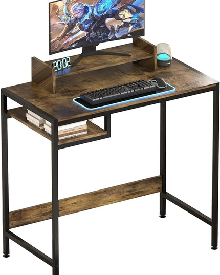 Computer Desk - 32 Inch Home Office Desk with Storage, Gaming Desk with Monitor Stand, Modern Simple Study Table, Adjustable Storage Space, Rustic - LeafyLoom