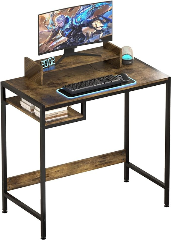 Computer Desk - 32 Inch Home Office Desk with Storage, Gaming Desk with Monitor Stand, Modern Simple Study Table, Adjustable Storage Space, Rustic - LeafyLoom