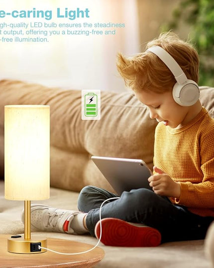 Gold Nightstand Bedroom Lamp - 3 Way Dimmable Bedside Lamp USB C A Charging Ports and AC Outlet, Small Table Lamp Linen Lampshade for Office Desk, LED Bulb Included - LeafyLoom