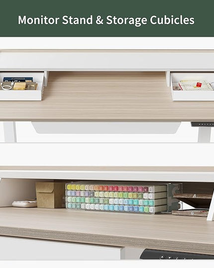 FEZIBO Standing Desk with Drawers, 48 x 25 Inch Adjustable Height Stand Up Desk with Storage Shelf, Home Office Desk with Monitor Stand, Light Walnut - LeafyLoom