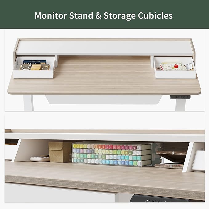 FEZIBO Standing Desk with Drawers, 48 x 25 Inch Adjustable Height Stand Up Desk with Storage Shelf, Home Office Desk with Monitor Stand, Light Walnut - LeafyLoom