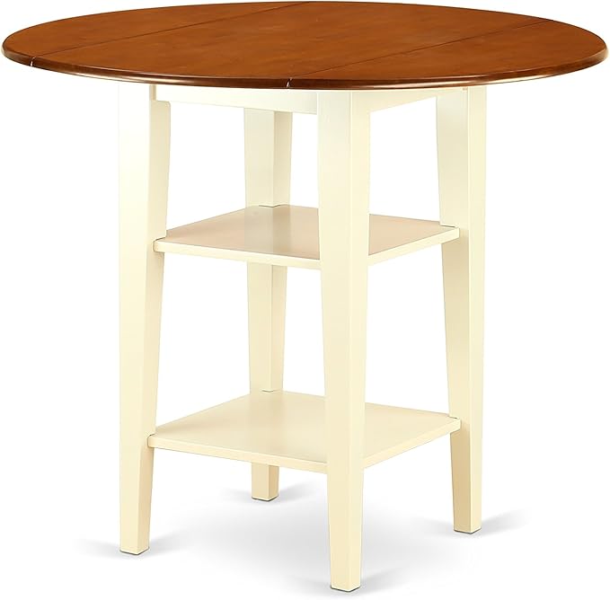 East West Furniture SUKE3H-BMK-W Sudbury 3 Piece Kitchen Counter Height Set Contains a Round Wooden Table with Dropleaf & Shelves and 2 Dining Chairs, 42x42 Inch - LeafyLoom