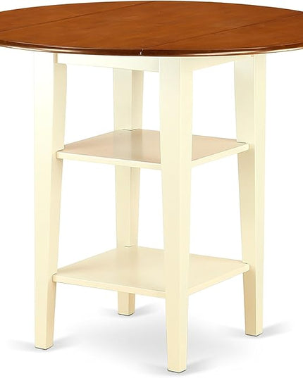 East West Furniture SUKE5H-BMK-W Sudbury 5 Piece Kitchen Counter Height Dining Set Includes a Round Table with Dropleaf & Shelves and 4 Wooden Chairs, 42x42 Inch - LeafyLoom