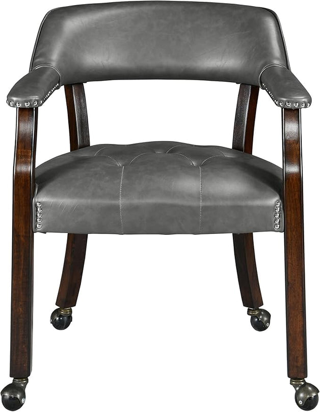 Dining Chairs with Casters and Arms, Rolling Dining Chairs with Wheels, Game Poker Table Chairs, Solid Wood Boss Caption's Chairs Office Desk Chairs, Espresso Legs & Dark Grey, XXY-1910-DG - LeafyLoom