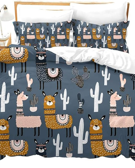 Feelyou Boys Girls Duvet Cover Set Twin Size for Kids Teen Cute Cartoon Alpaca Llama Cactus Print Bedding Set Botanical Animal Comforter Cover Decorative Microfiber Quilt Cover Zipper&Ties - LeafyLoom