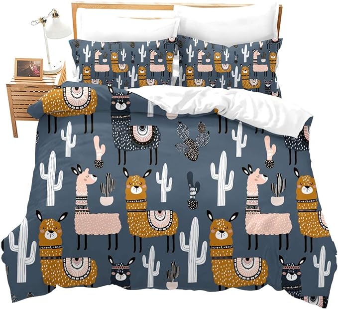Feelyou Boys Girls Duvet Cover Set Twin Size for Kids Teen Cute Cartoon Alpaca Llama Cactus Print Bedding Set Botanical Animal Comforter Cover Decorative Microfiber Quilt Cover Zipper&Ties - LeafyLoom