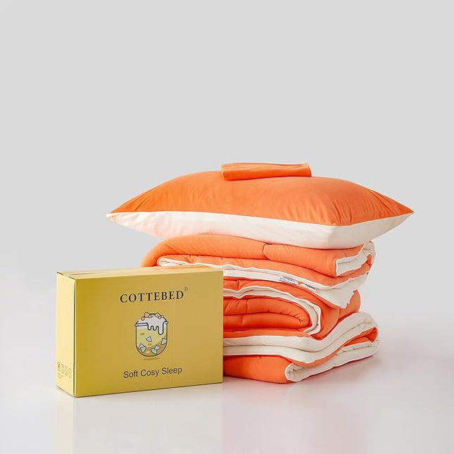 COTTEBED Reversible Ultra-Soft Bright Orange Beige Twin Comforter Set for Girl Boy Kid Dorm, Jersey Knit T-Shirt Feel Cute Lightweight Cozy Comfy Bedding Blanket Down Conforter All Season Twin/Twin XL - LeafyLoom