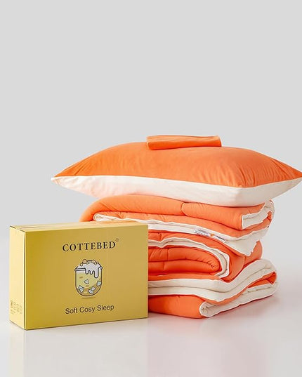COTTEBED Reversible Softness Bright Orange and Beige King Size Comforter Set Clearance, Jersey Knit T-Shirt Feel California King Cozy Bedding Down Blanket Quilt & Pillowsham for Women Men All Season - LeafyLoom