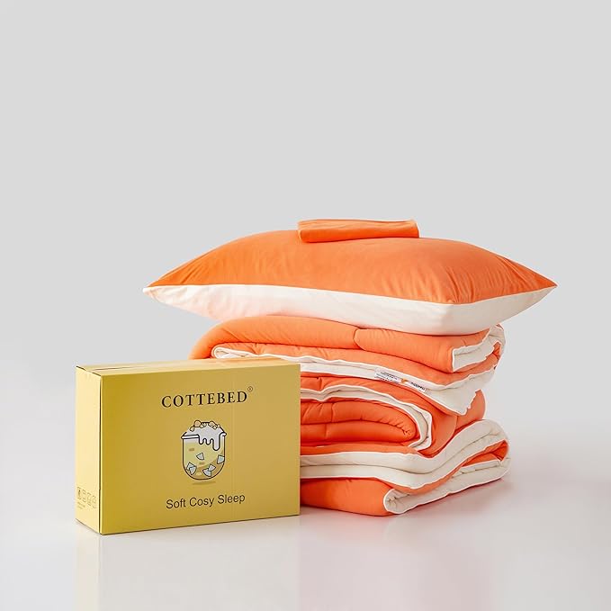 COTTEBED Reversible Softness Bright Orange and Beige King Size Comforter Set Clearance, Jersey Knit T-Shirt Feel California King Cozy Bedding Down Blanket Quilt & Pillowsham for Women Men All Season - LeafyLoom