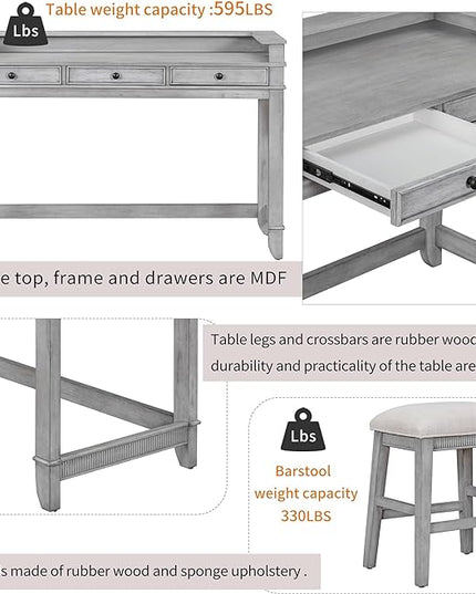 NicBex Kitchen Table Chairs Set of 4 Dining Table Set 4-Piece Dining Bar Table Set with 3 Upholstered Stools, Multifunctional Dining Table with 3 Drawers for Living Room, Gray - LeafyLoom