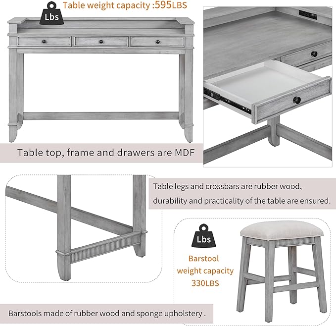 NicBex Kitchen Table Chairs Set of 4 Dining Table Set 4-Piece Dining Bar Table Set with 3 Upholstered Stools, Multifunctional Dining Table with 3 Drawers for Living Room, Gray - LeafyLoom