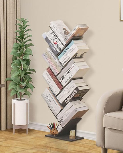 10 Tier Tree Book Shelf, Floor Standing Wood Bookshelf for Narrow Space, Storage Organizer Bookshelves for Books/CDs/Magazine, Bookcase with Shelves for Home Office, Living Room - Light Grey - LeafyLoom
