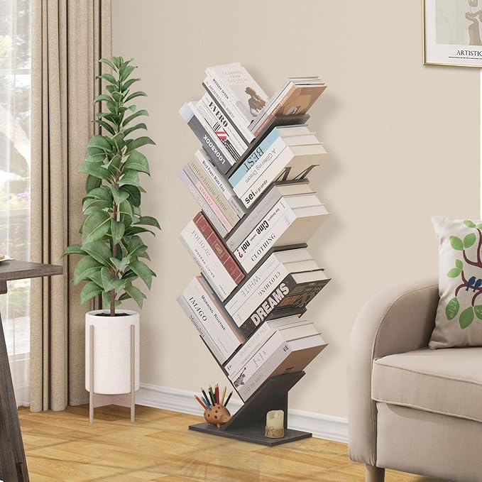10 Tier Tree Book Shelf, Floor Standing Wood Bookshelf for Narrow Space, Storage Organizer Bookshelves for Books/CDs/Magazine, Bookcase with Shelves for Home Office, Living Room - Light Grey - LeafyLoom