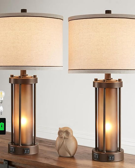 Set of 2 Farmhouse Table Lamps for Living Room with 2 USB Ports, Vintage Rustic Nightstand Lamps with Amber Glass Nightlight, Retro Desk Lamps for Bedroom Entryway, 4 Bulbs Included (Brown) - LeafyLoom