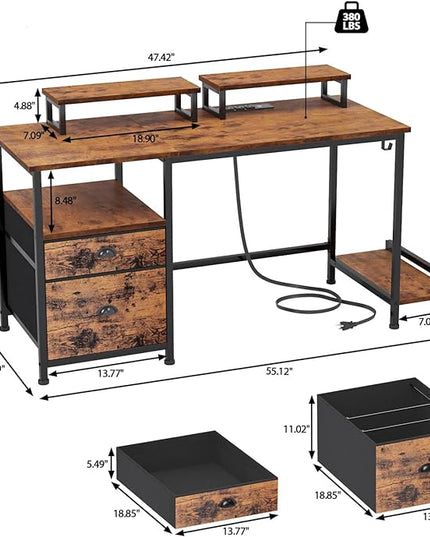 Furologee Computer Desk with Drawer and Power Outlets, 47" Office Desk with 2 Monitor Stands and Fabric File Cabinet, Writing Gaming Table with Shelves and 2 Hooks for Home Office, Rustic Brown - LeafyLoom