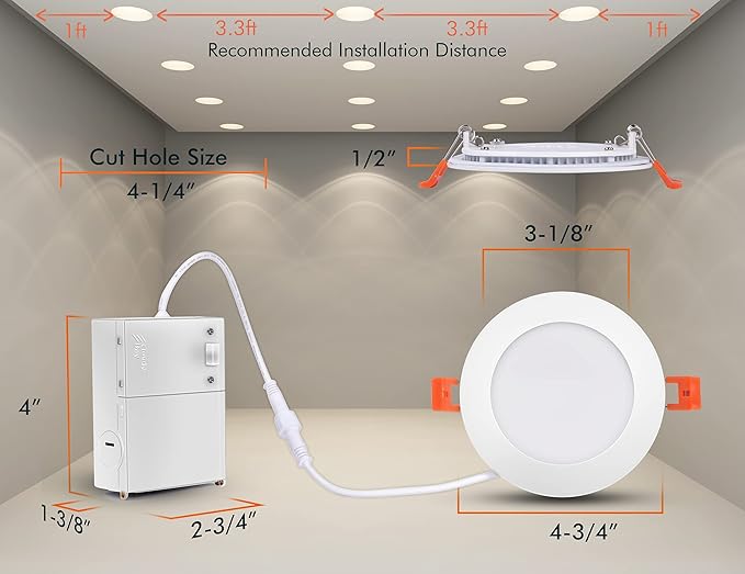 CLOUDY BAY 6 Pack 4 Inch 5CCT Ultra-Thin LED Recessed Ceiling Light with Junction Box,2700K/3000K/3500K/4000K/5000K Selectable,10W Dimmable Canless Wafer Downlight,White,650LM High Brightness CLOUDYBAY