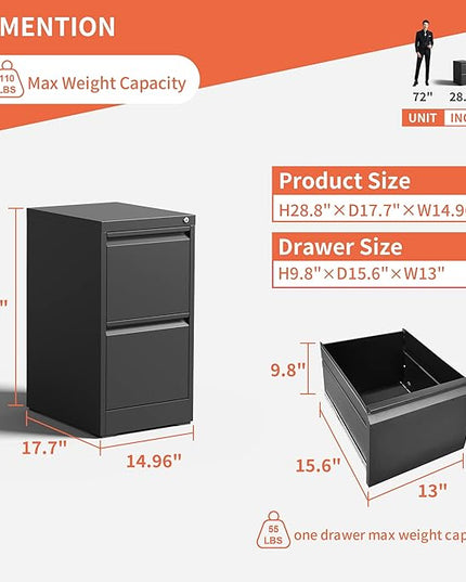 2 Drawer File Cabinet,Black Metal Filing Cabinets for Home Office,Vertical File Cabinet with Lock for A4/Letter/Legal Size Files,Assembly Required - LeafyLoom