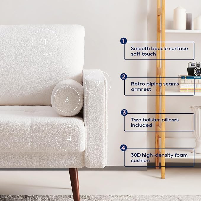 Vonanda Velvet Boucle Sofa Couch, Mid-Century 73 Inch 3 Seater Couch with Hand-Stitched Comfy Cushion and Bolster Pillows for Living Room, Elegant Boucle White - LeafyLoom