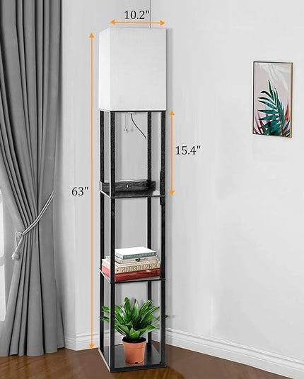 Dott Arts Floor Lamp with Shelves, Shelf Lamp with Wireless Charger & USB A+C Ports & 2 AC Outlets,3 Color Temperature Corner Tall Standing Floor Lamps for Living Room, Bedroom, Office (Black) - LeafyLoom
