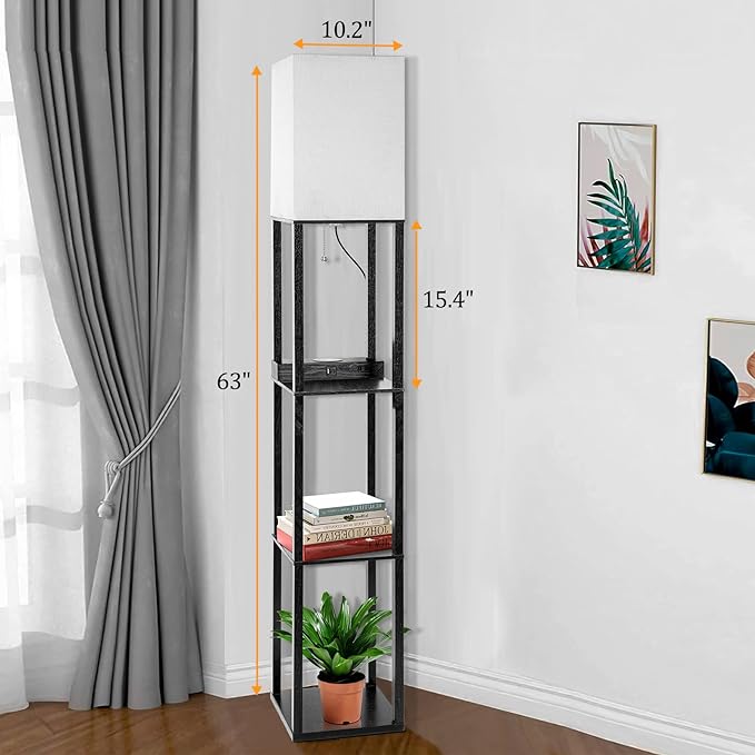 Dott Arts Floor Lamp with Shelves, Shelf Lamp with Wireless Charger & USB A+C Ports & 2 AC Outlets,3 Color Temperature Corner Tall Standing Floor Lamps for Living Room, Bedroom, Office (Black) - LeafyLoom